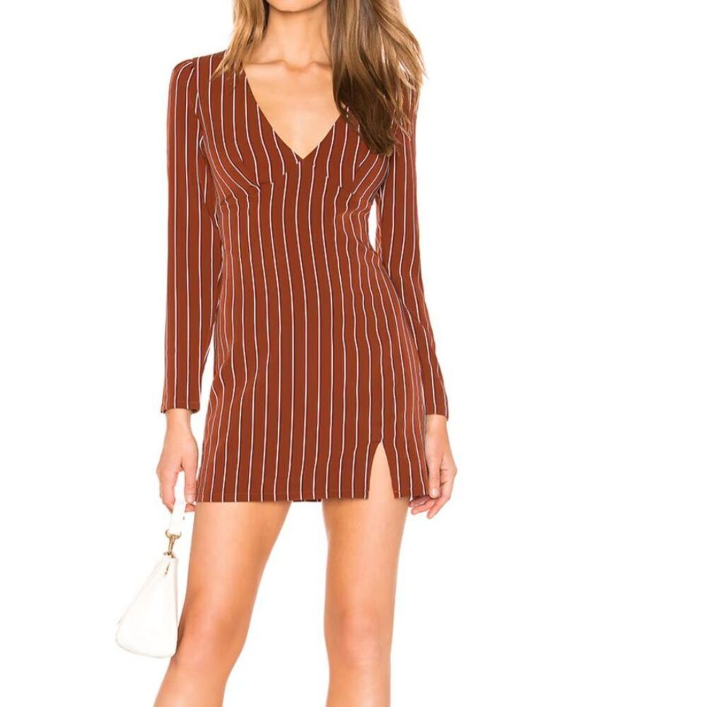 NWT Privacy Please Revolve Brown Long Sleeve Striped V-neck Mini Dress Sz XL
